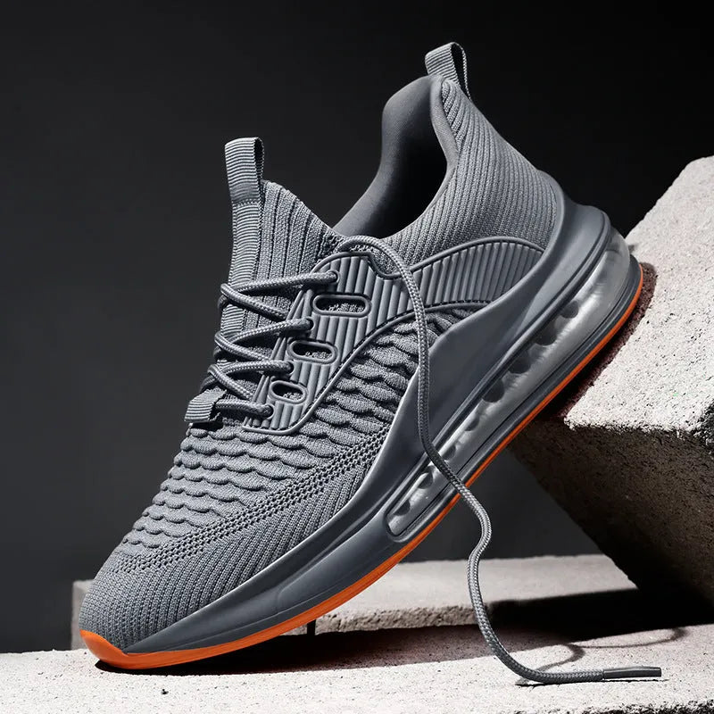 Men's black mesh running shoes with round toe and lace-up front closure