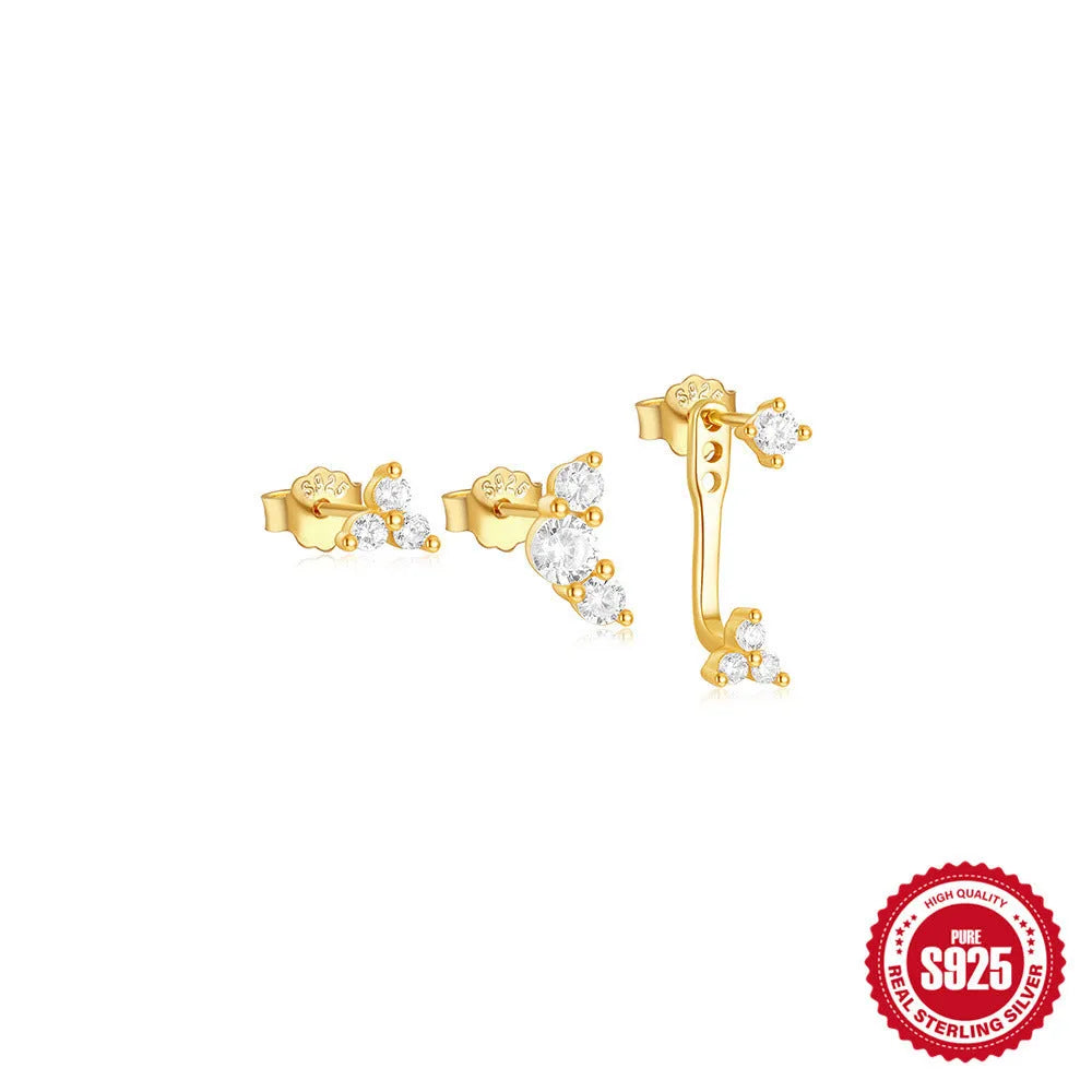 S925 sterling silver geometric tassel earrings in gold tone, three-piece set for women