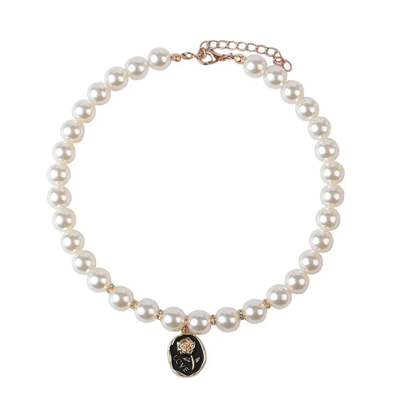 Retro plastic pearl necklace collar for pets with black rose flower design and adjustable scarf