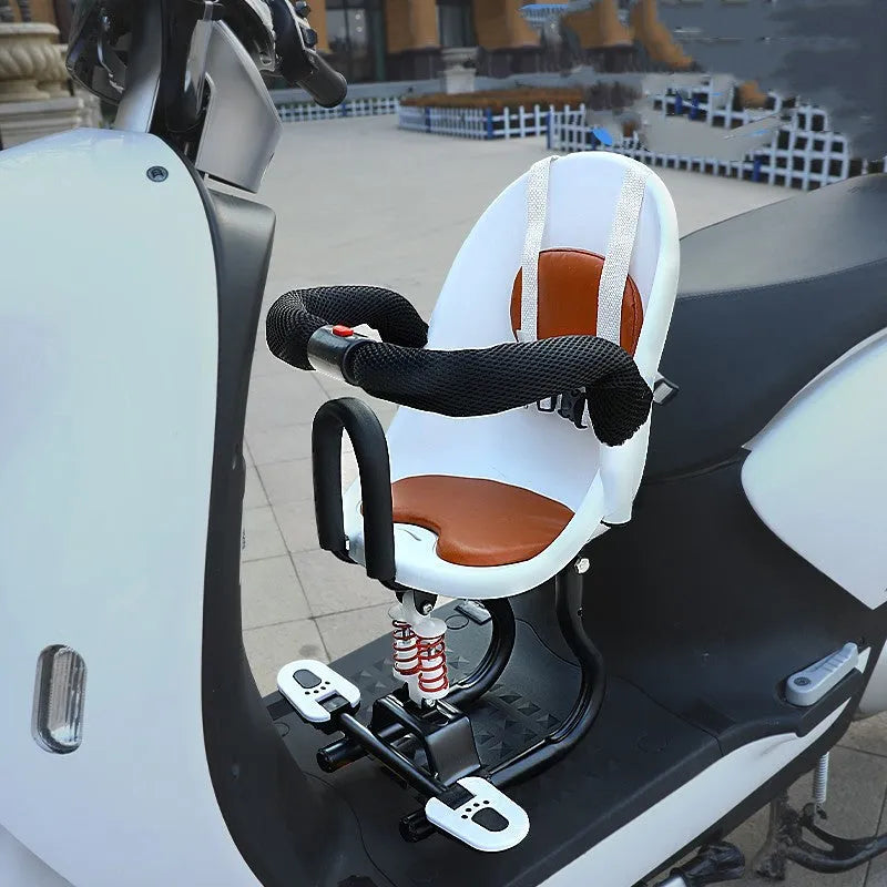 Front child safety seat for electric scooters with high carbon steel frame in black, red, or white colour