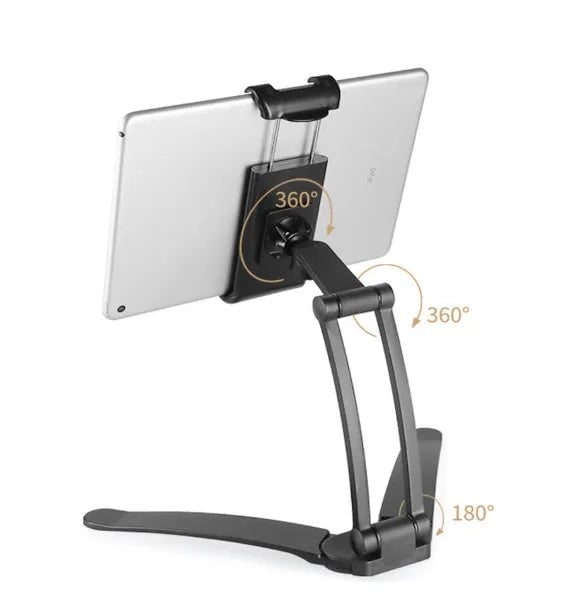 Silver aluminum alloy desktop stand holding a tablet at an adjustable angle.