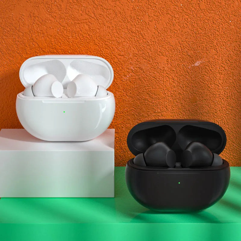 Pro4 black and white Bluetooth earbuds with charging case on a dark background.