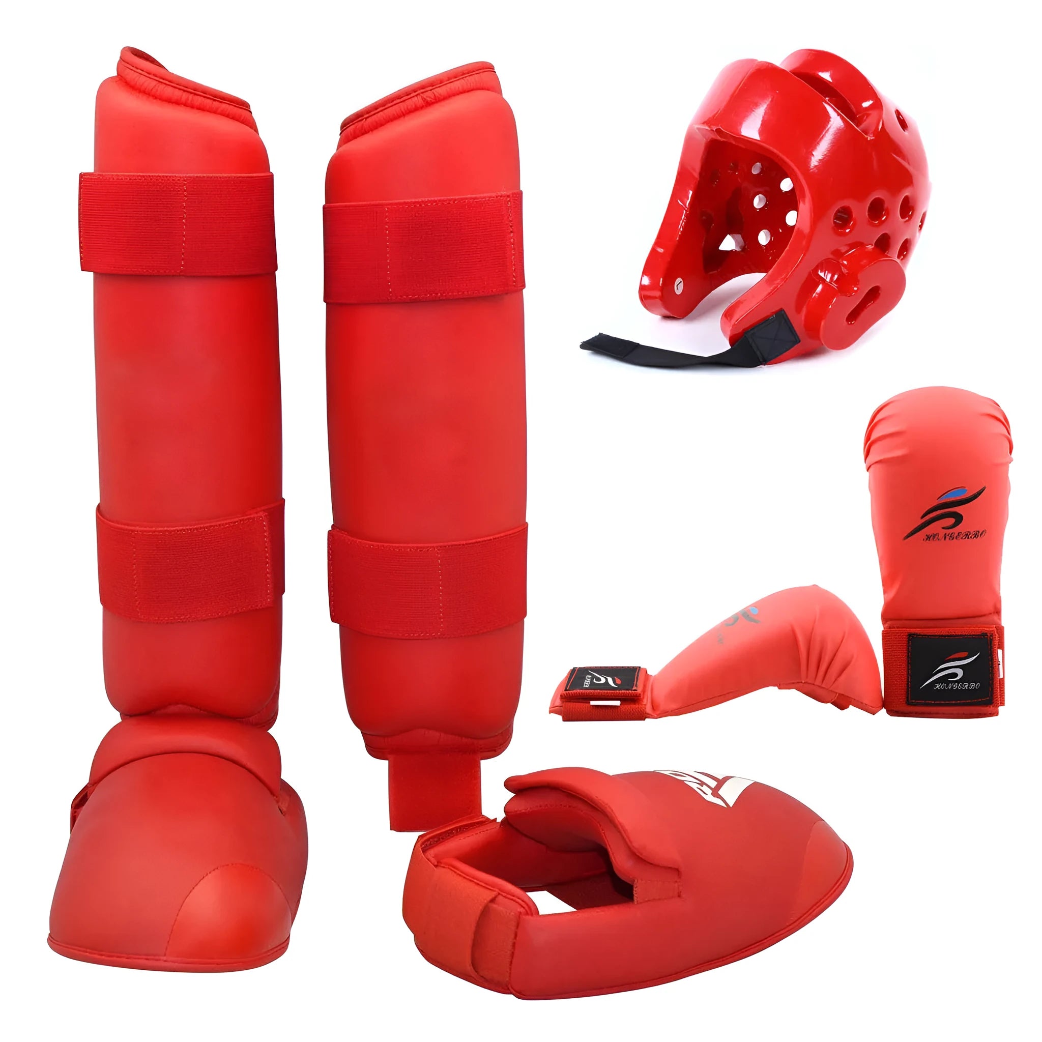Red and blue martial arts protective gear set including helmet, gloves and leg guards in PU material