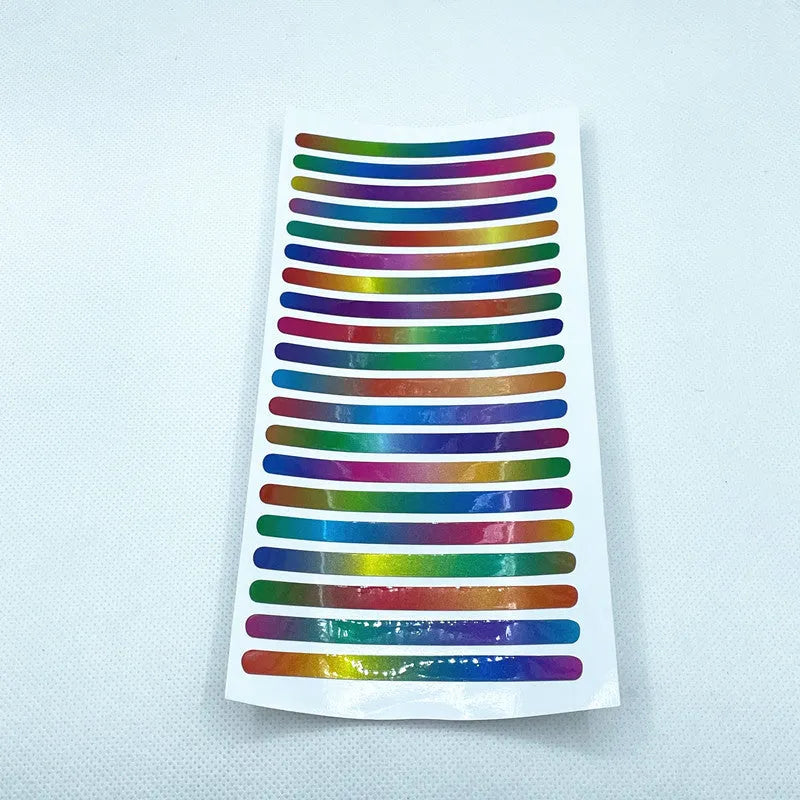 Pack of 20 arc-shaped reflective PVC stickers for car wheel hubs in multiple colours.