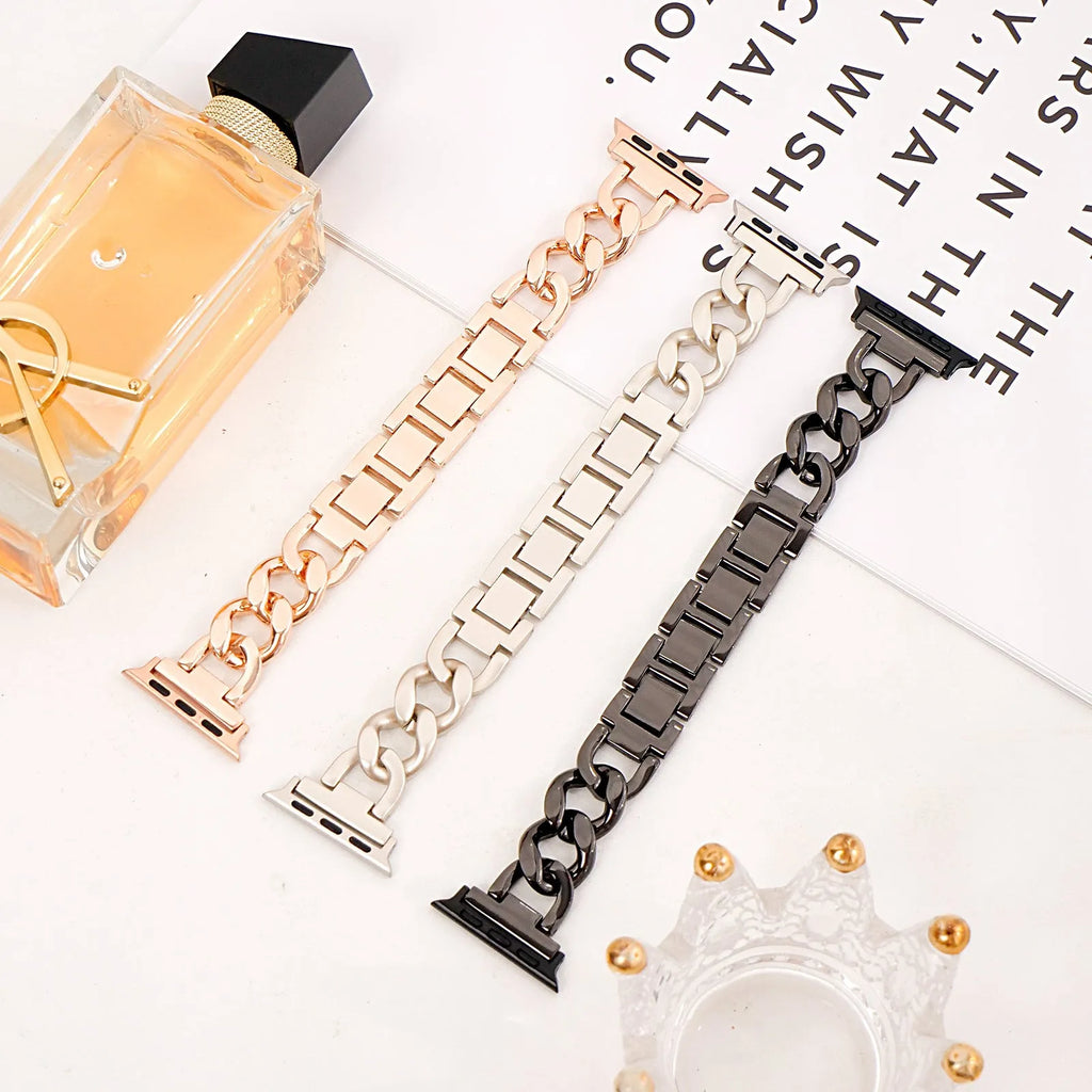Metal denim chain replacement strap for Apple Watch in silver, black, gold, rose gold, and Starlight colours.