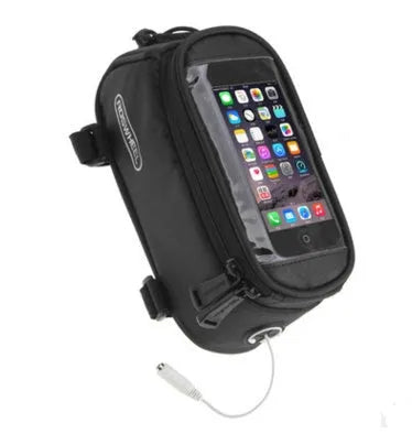 ROSWHEEL black PVC bicycle frame bag mounted on a bike, holding a mobile phone.