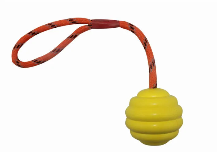 Rubber dog training ball with rope knot texture in assorted colours