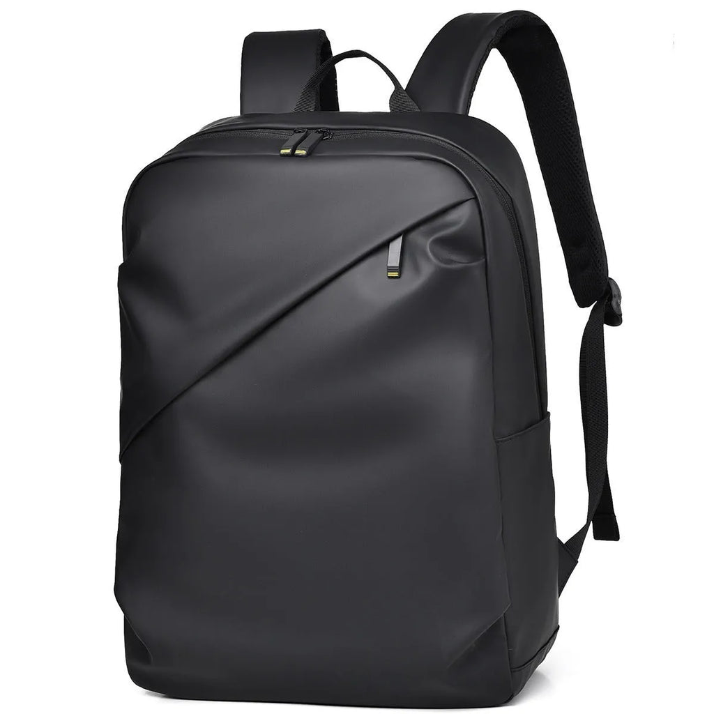 Men's large waterproof PU backpack in black, blue, or grey showing sewing thread details
