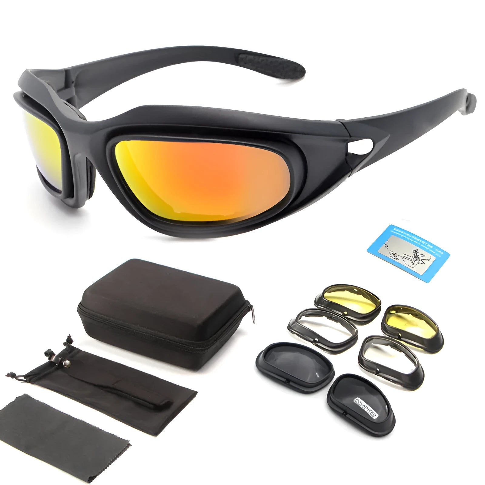 Tactical polarised sunglasses with sports full rim frame for outdoor cycling.