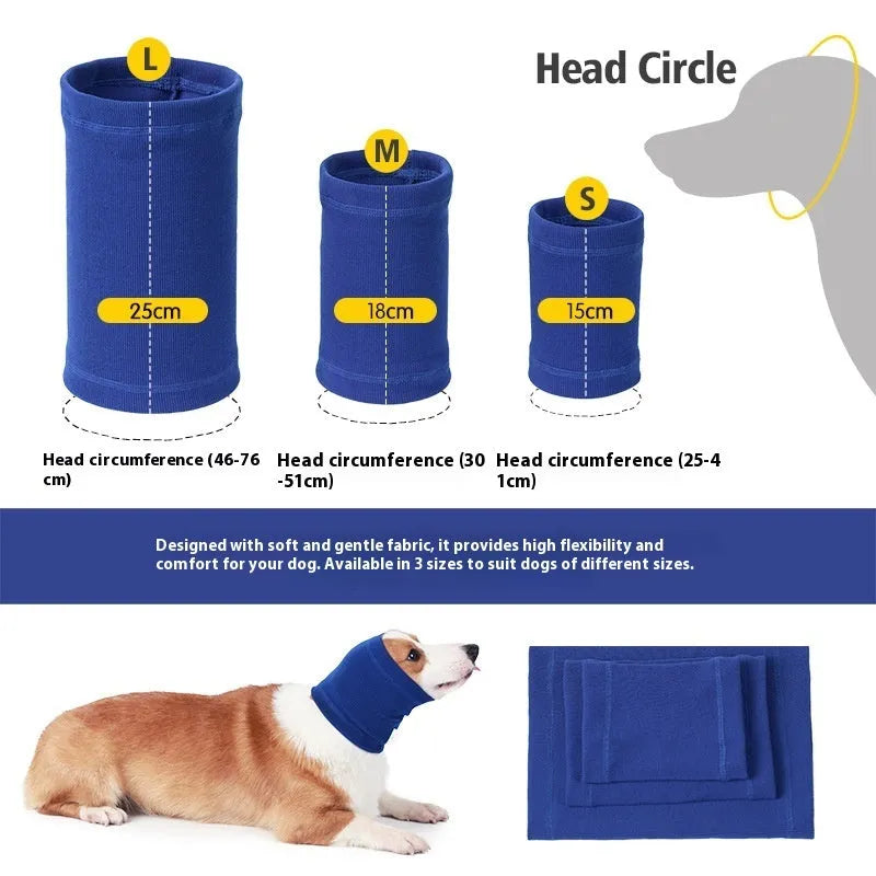 A blue or grey polyester headband scarf for dogs, shown in small, medium, and large sizes.