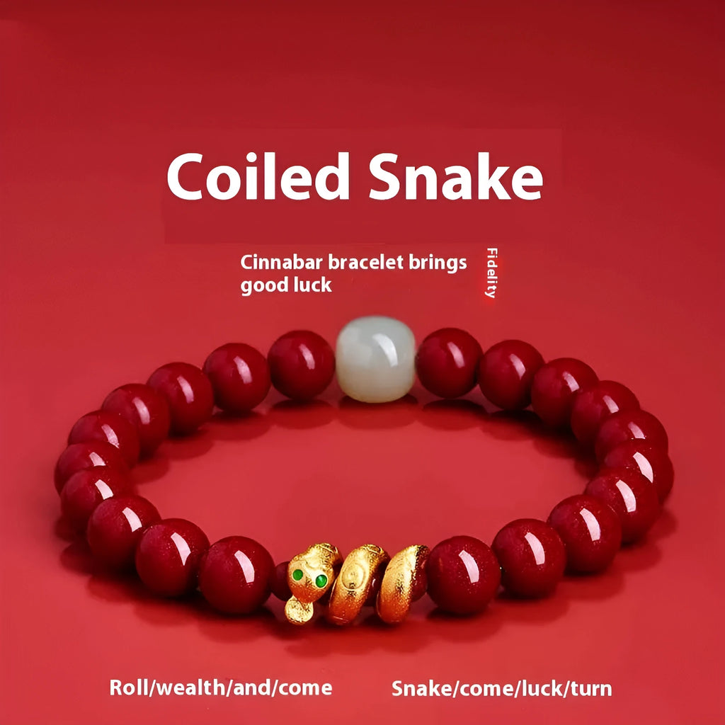 Handmade cinnabar snake zodiac bracelet in traditional Chinese style with purple gold sand beads