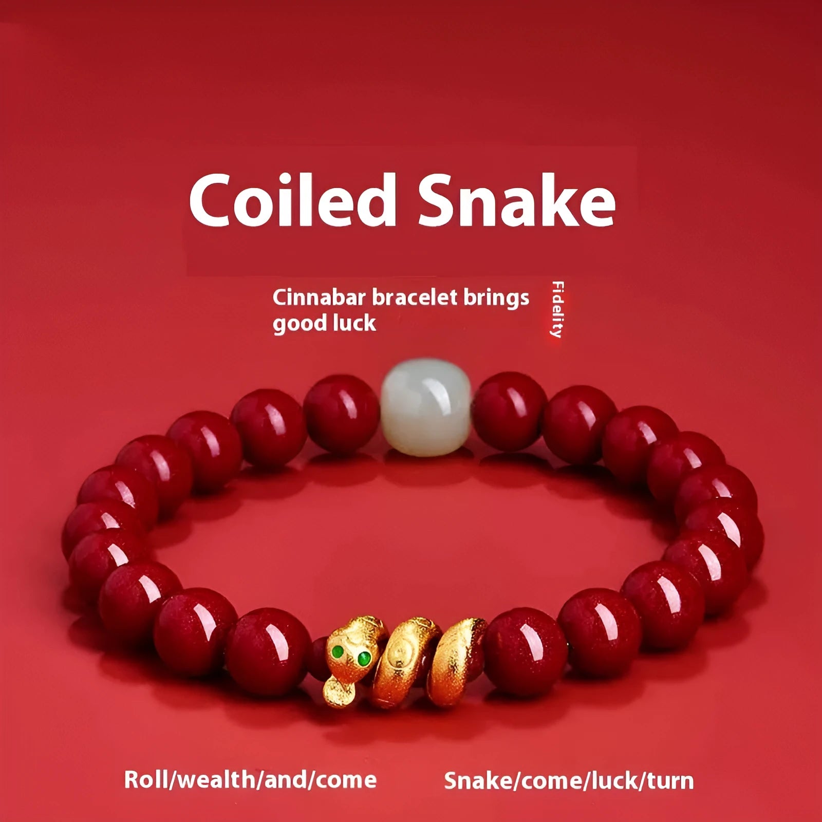 Handmade cinnabar snake zodiac bracelet in traditional Chinese style with purple gold sand beads