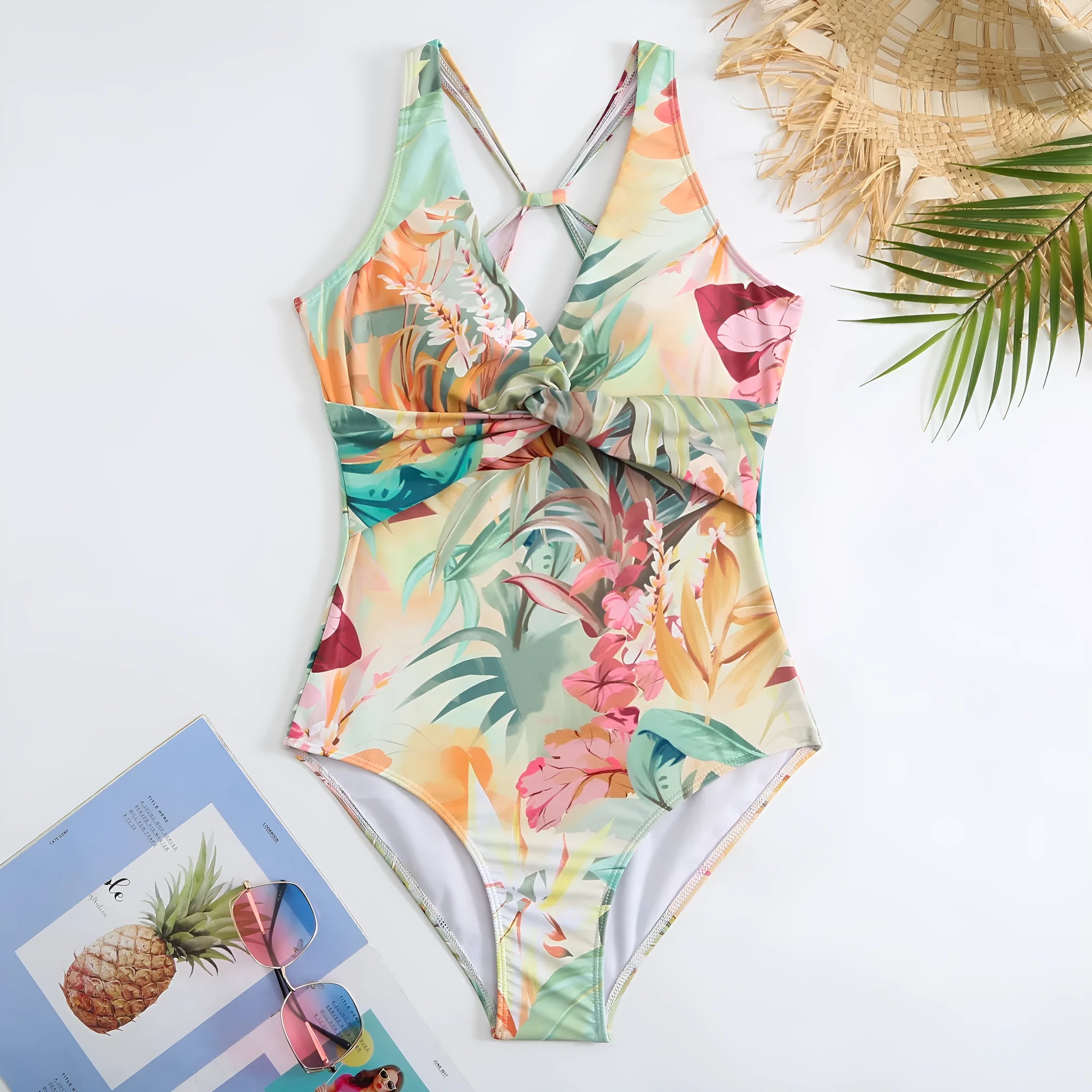 Women's vintage floral print one-piece swimsuit with short sleeves and conservative cut