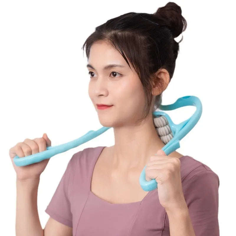 Blue plastic handheld massage roller with six rotating wheels for neck and shoulder tension relief