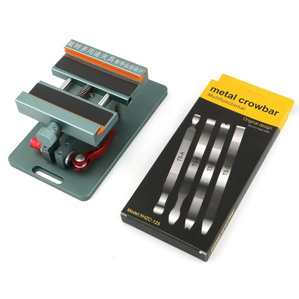 General model mobile phone repair fixture with silicone grips, adjustable clamp, and demolition crowbar on a rotating base.