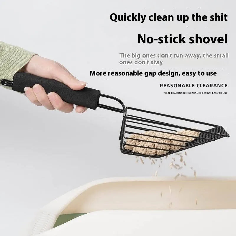 Black metal cat litter scoop with narrow tines for sifting clumping litter.