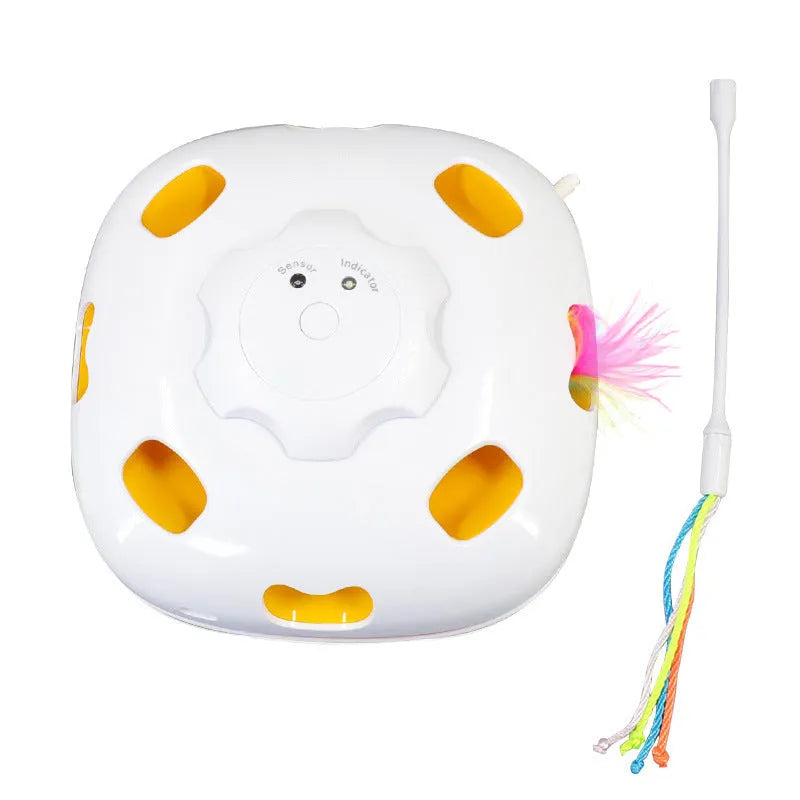 Cat self-hi teaser wand toy with colourful feathers and plastic handle