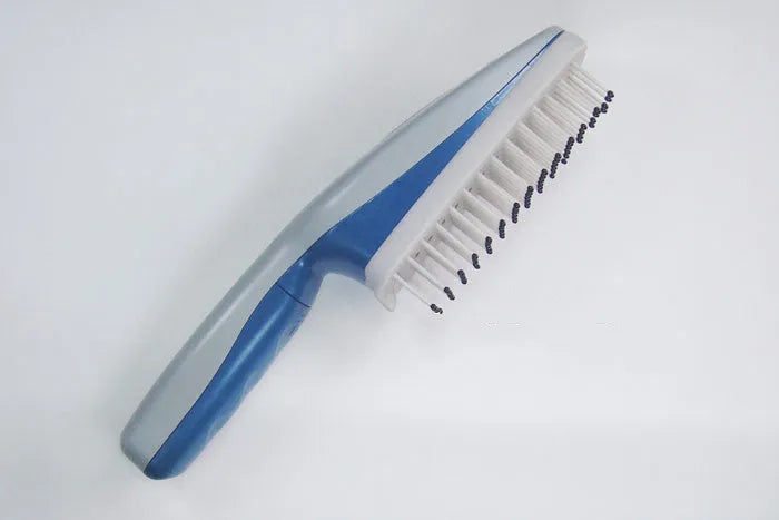 Pet grooming comb with negative ion and active oxygen purification, showing removable brush head and 78 teeth.