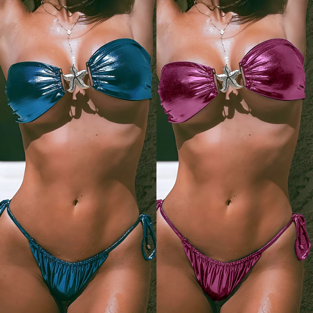 Women's glossy sapphire blue tube top split bikini swimsuit with brief style.