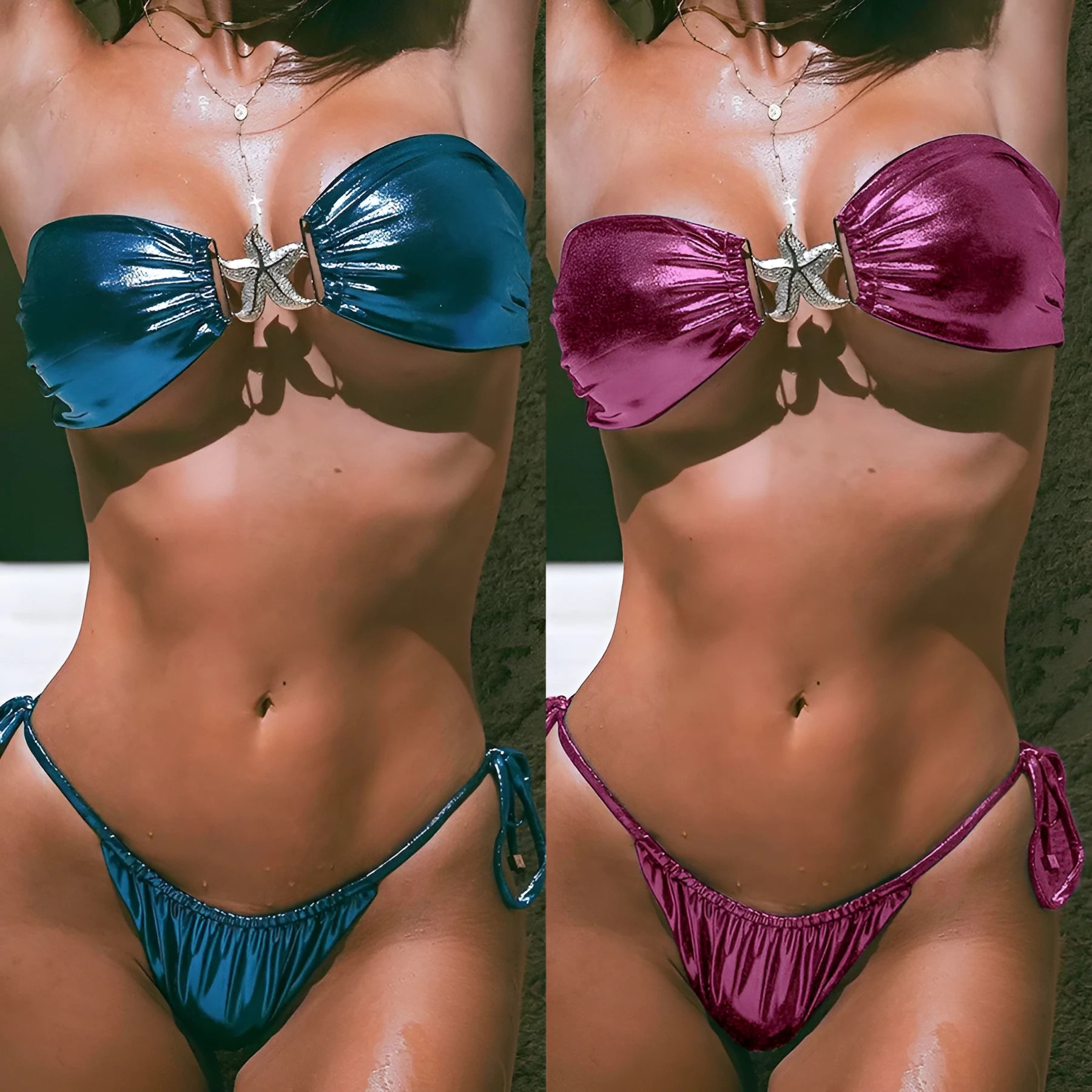 Women's glossy sapphire blue tube top split bikini swimsuit with brief style.