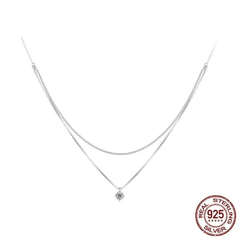 S925 sterling silver double-layer necklace with pearl chain and alloy pendant in silver colour