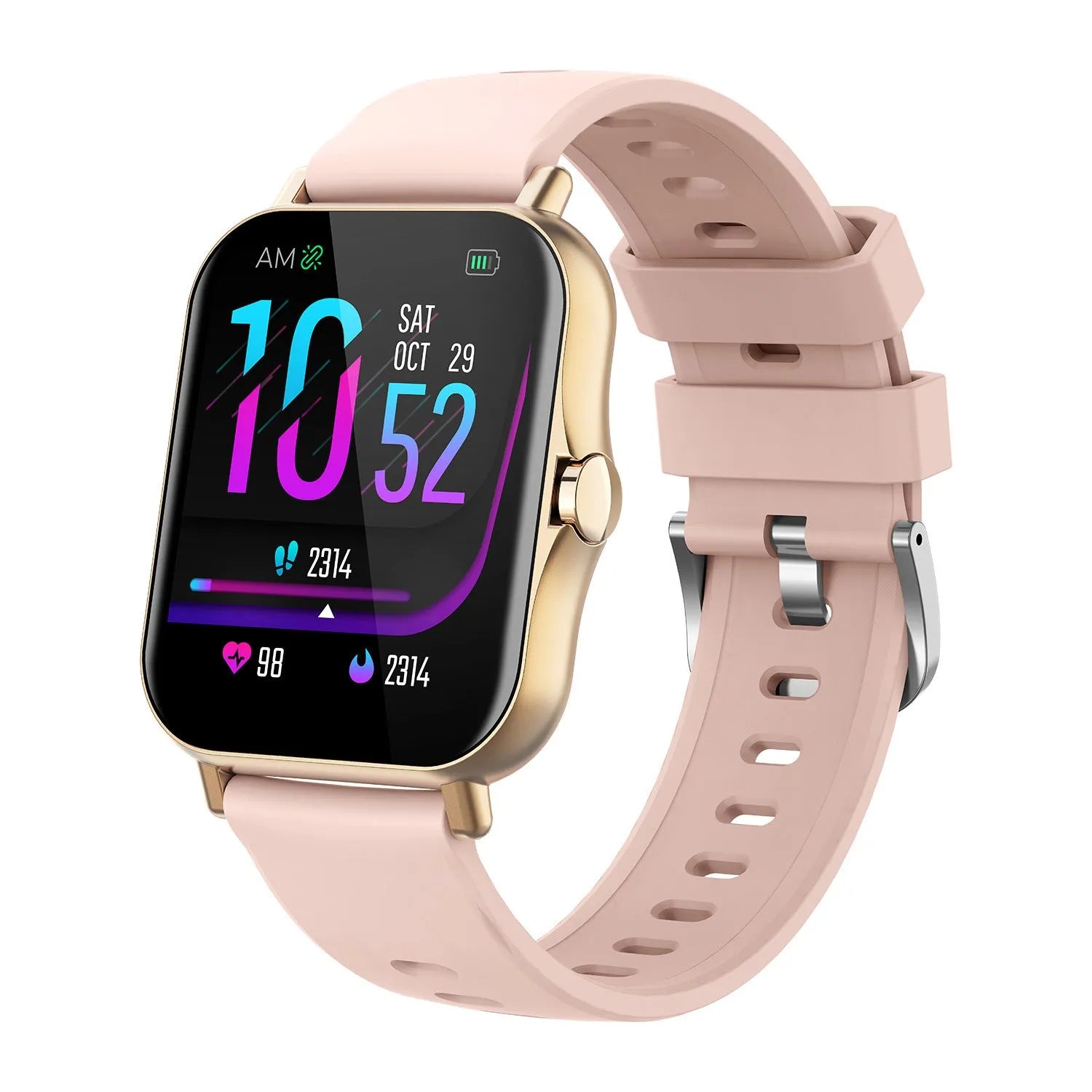 W10 smart watch in black showing heart rate display on its 1.75-inch curved touch screen.