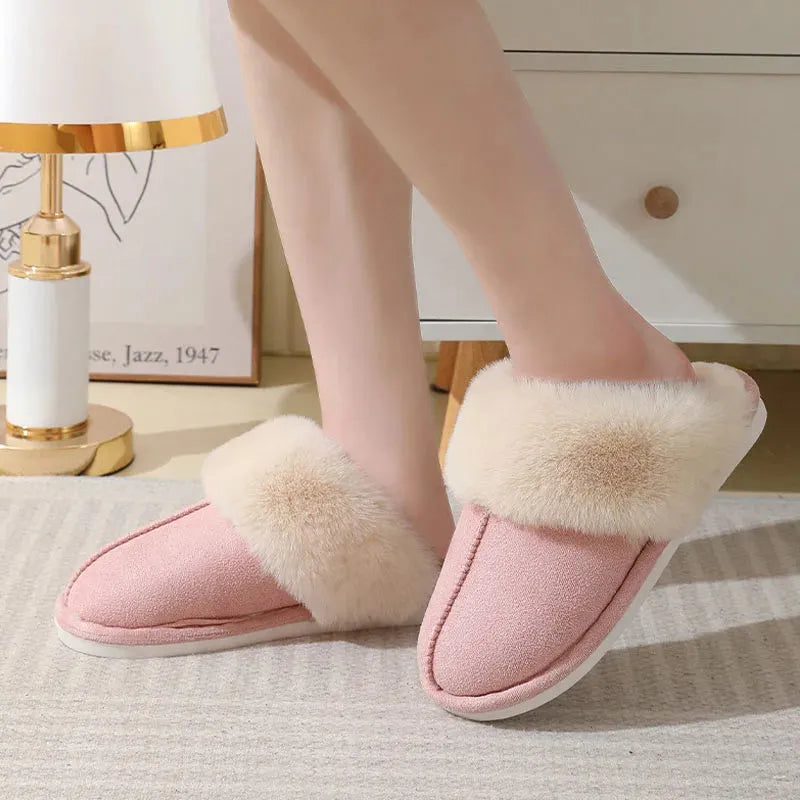 Women's brown plush indoor slippers with round toe design and non-slip PVC soles