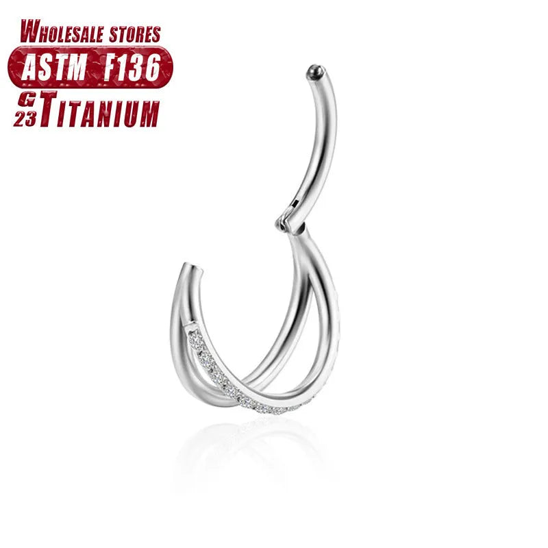 Titanium alloy fork nose ring in silver colour on black background