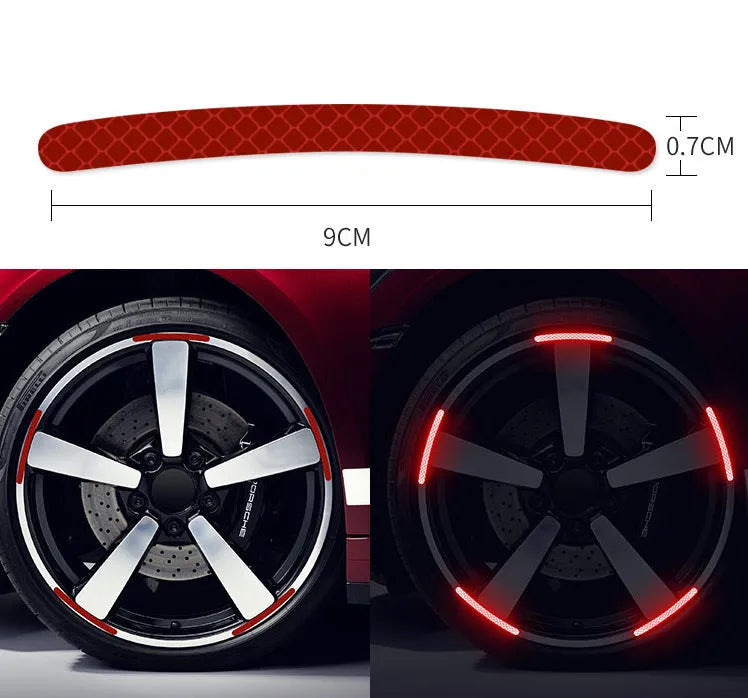 Pack of 20 arc-shaped reflective PVC stickers for car wheel hubs in multiple colours.