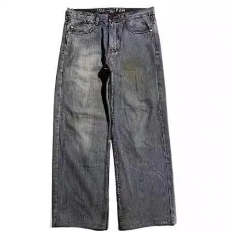 Men's grey washed-out wide-leg jeans with straight-leg opening and retro workwear design