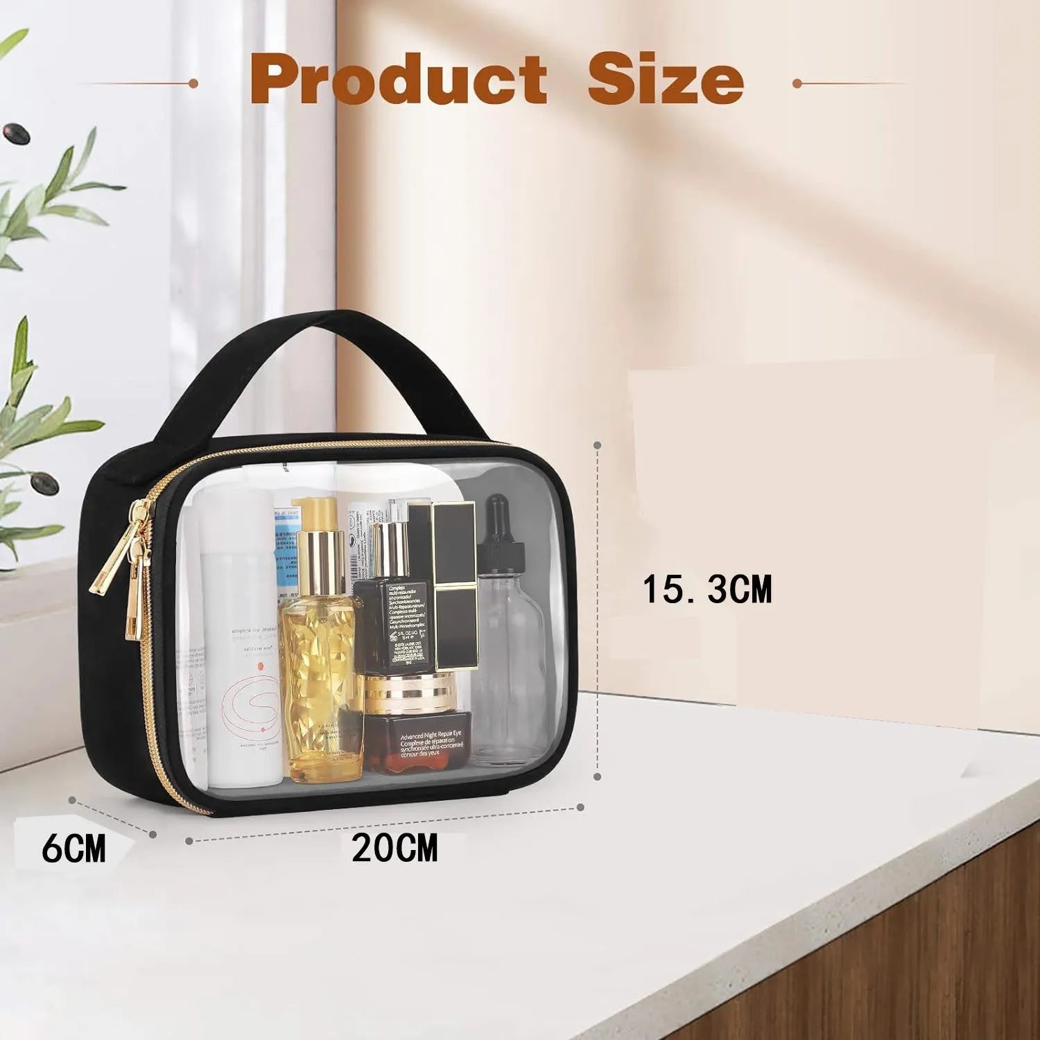 Transparent PVC wash bag showing cosmetics inside with chain handle