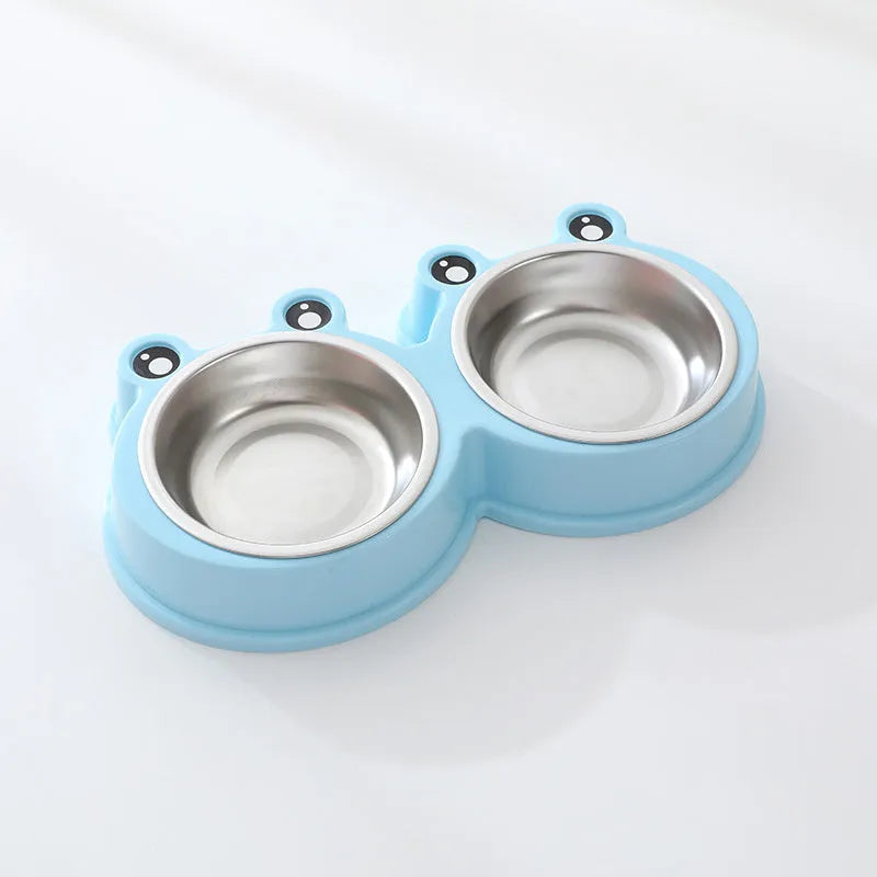 Stainless steel double pet bowl set with frog-shaped non-skid base in blue colour