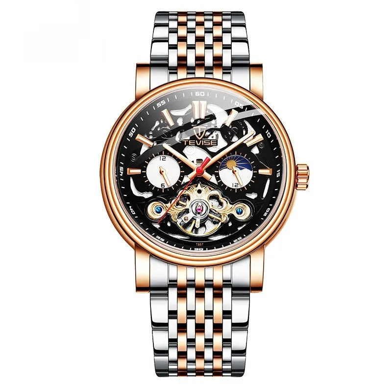 Men's waterproof luminous mechanical watch with tourbillon movement and skeleton dial