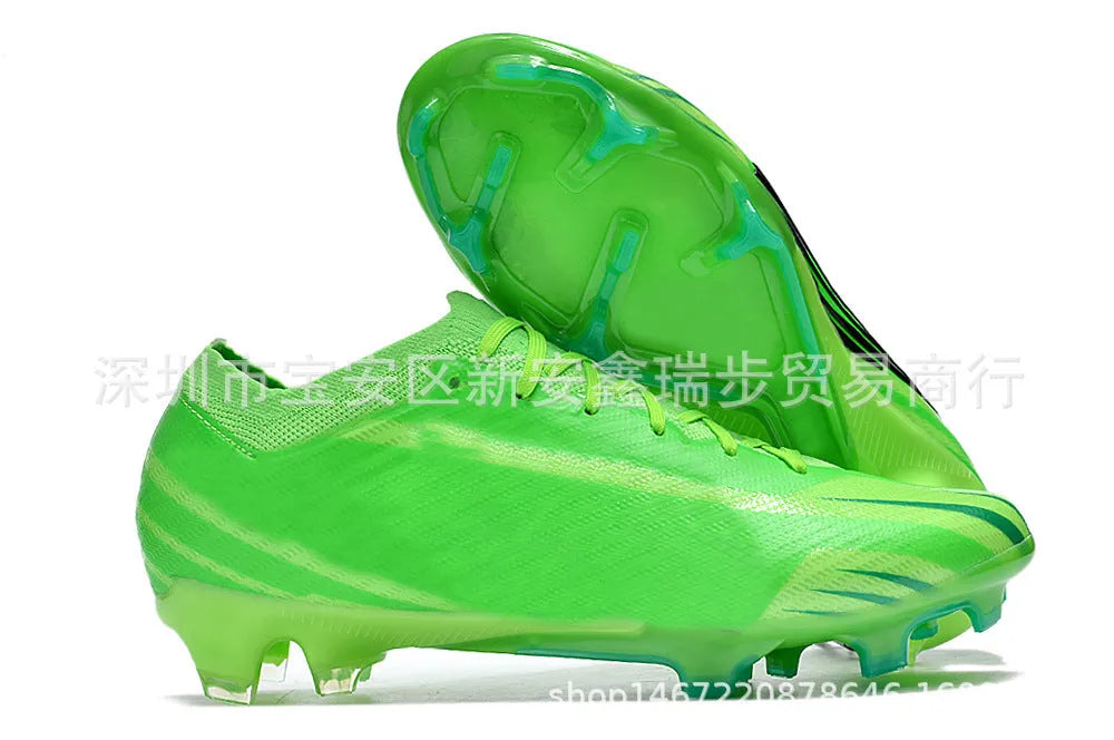 Men's low-top knitted football shoes with white/blue colourway, showing FG studs on rubber outsole and lace-up front.