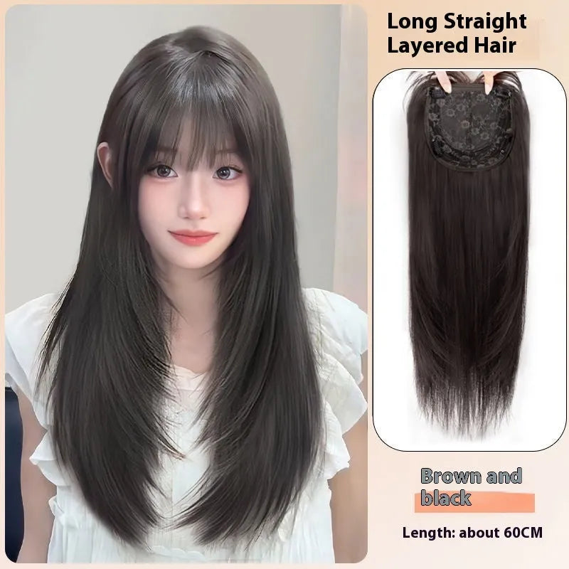 Black long straight full-head wig with high-layered cut and brown-black highlights in bangs and middle sections