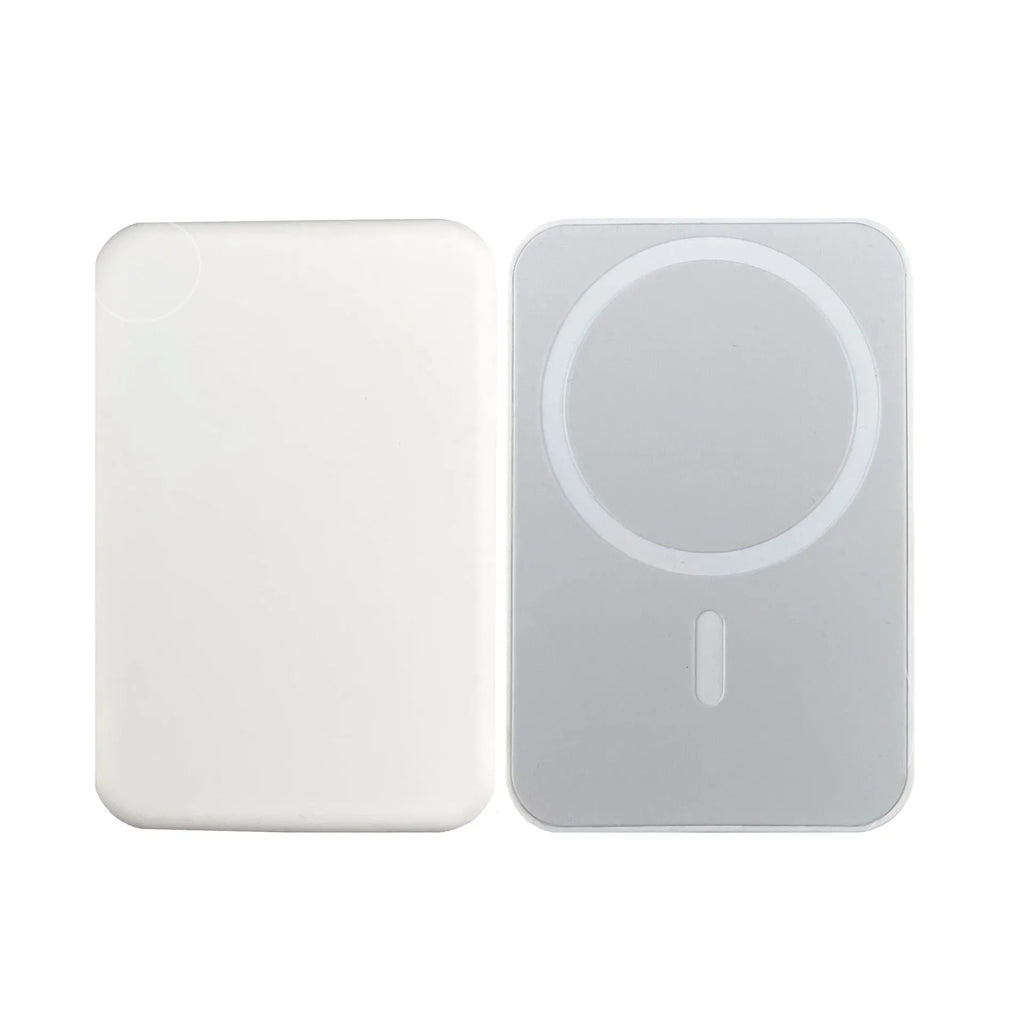 Magnetic wireless charger power bank in white with 5000mAh capacity measuring 100x65x16mm