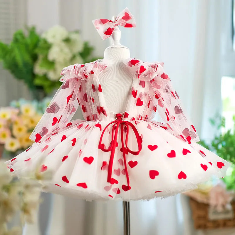Children red love princess dress gown with heart print