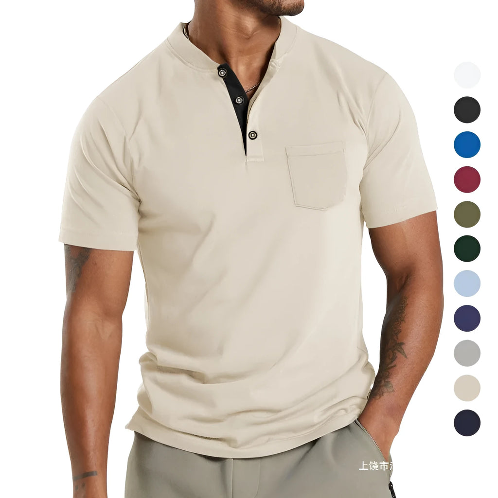 Men's short sleeve button-down polyester shirt with chest pocket in multiple colour options