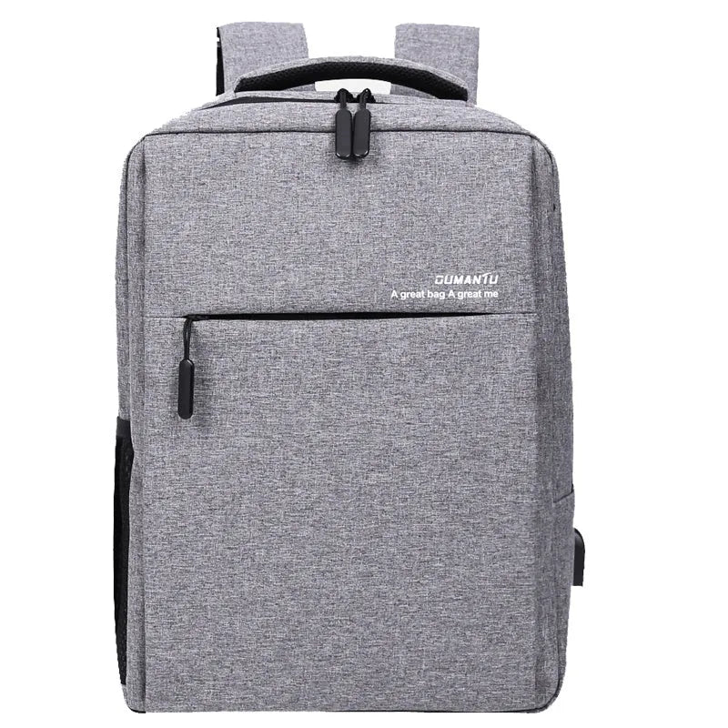 Black waterproof rechargeable backpack for a laptop, showing shoulder straps and a USB charging port.