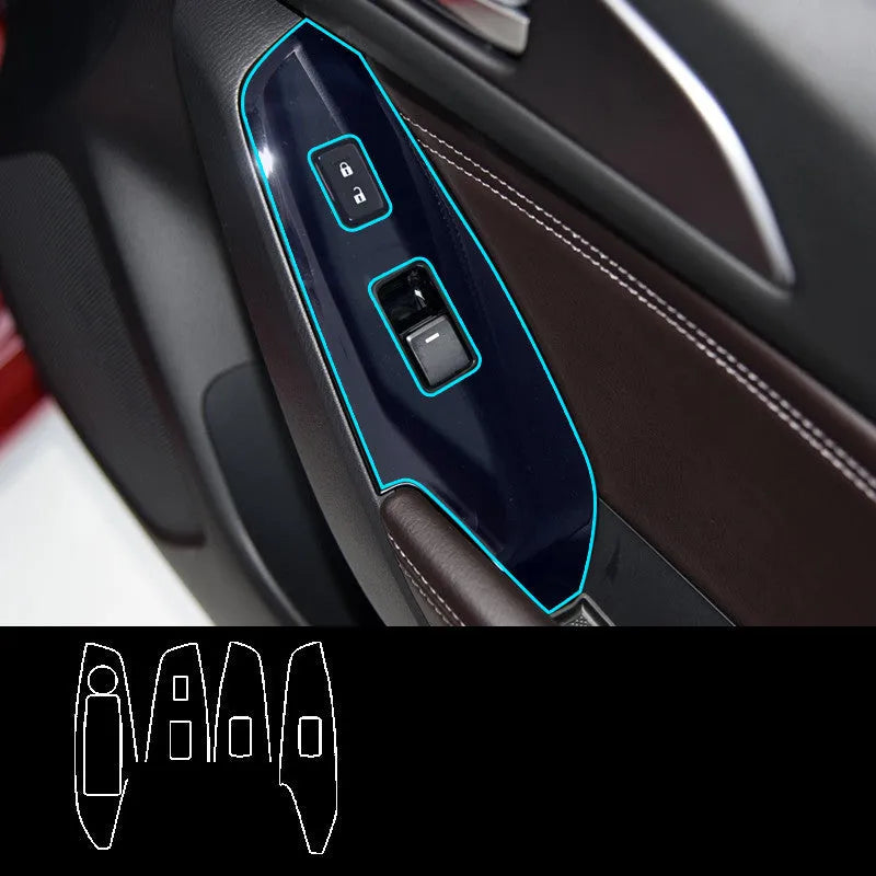 Four TPU protective films for car door control panels on a white background.