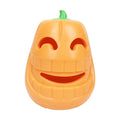 Orange Halloween pumpkin shaped dog chew toy with a treat dispensing funnel.