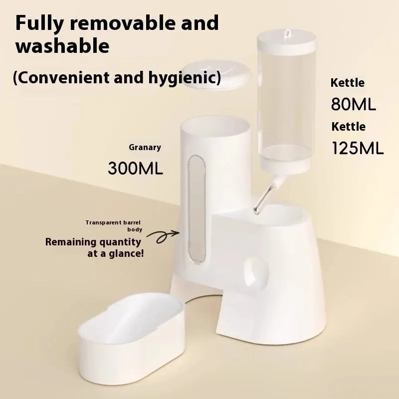 White plastic automatic water feeder with food basin for a hamster cage.