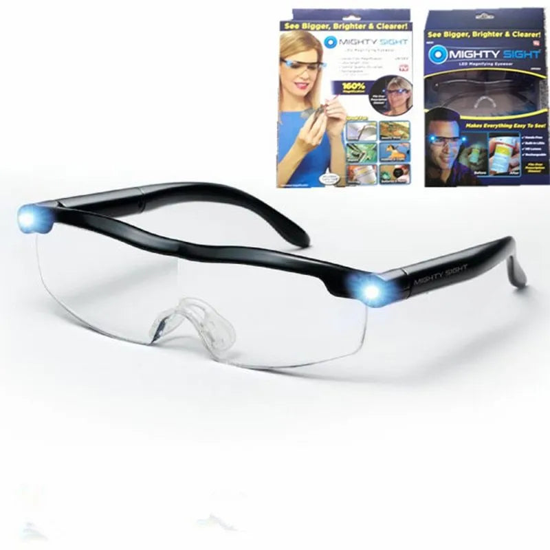 Transparent black USB LED reading light glasses with illuminated frames on a table.