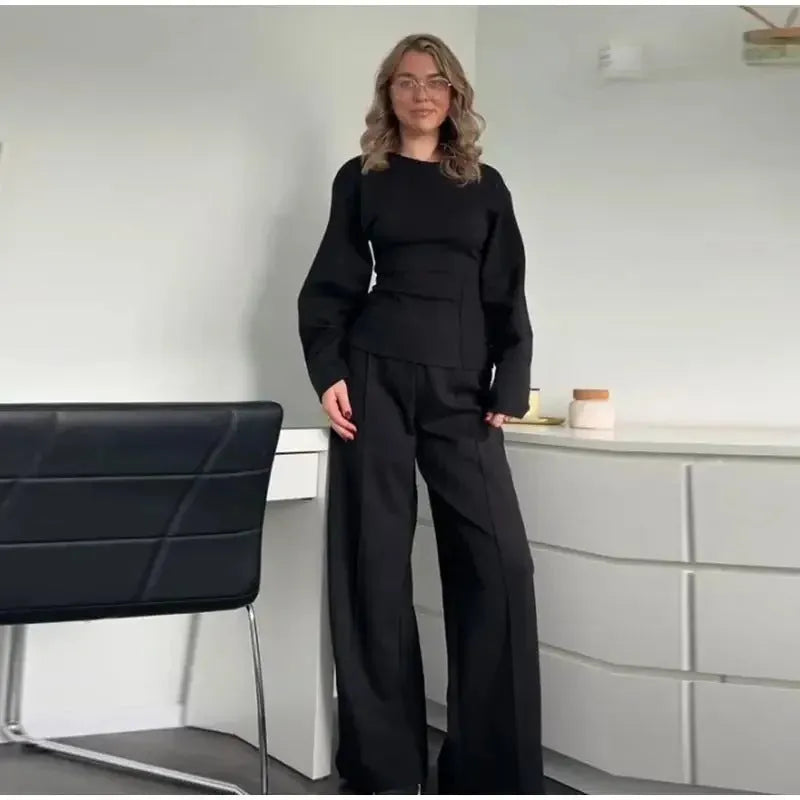 Women's polar fleece suit set with pleated top and wide leg trousers in black, apricot, grey or wine red
