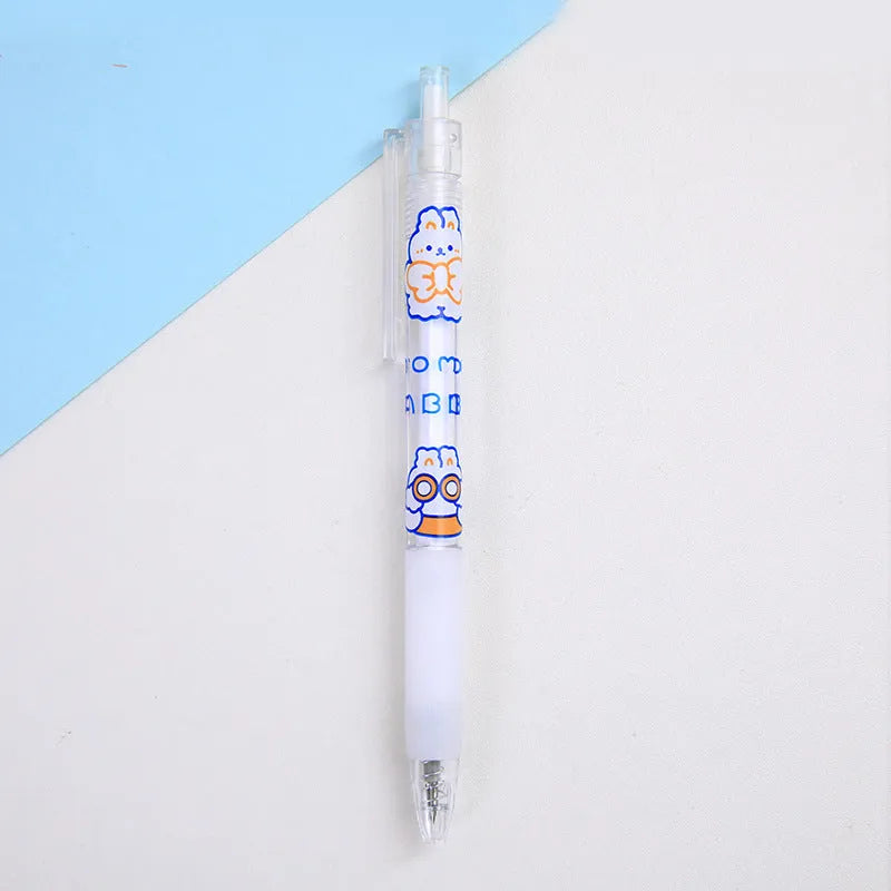 Set of six cute cream bear and rabbit character press pen knives on a white background.