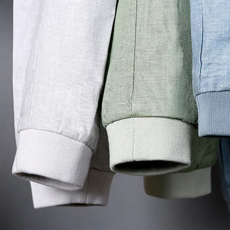 Men's thin linen jacket in lightweight cotton fabric available in blue, grass green, and heather grey colours