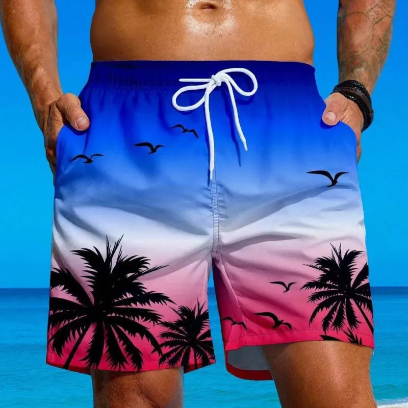Men's loose board shorts in ethnic pattern with medium elastic waistband