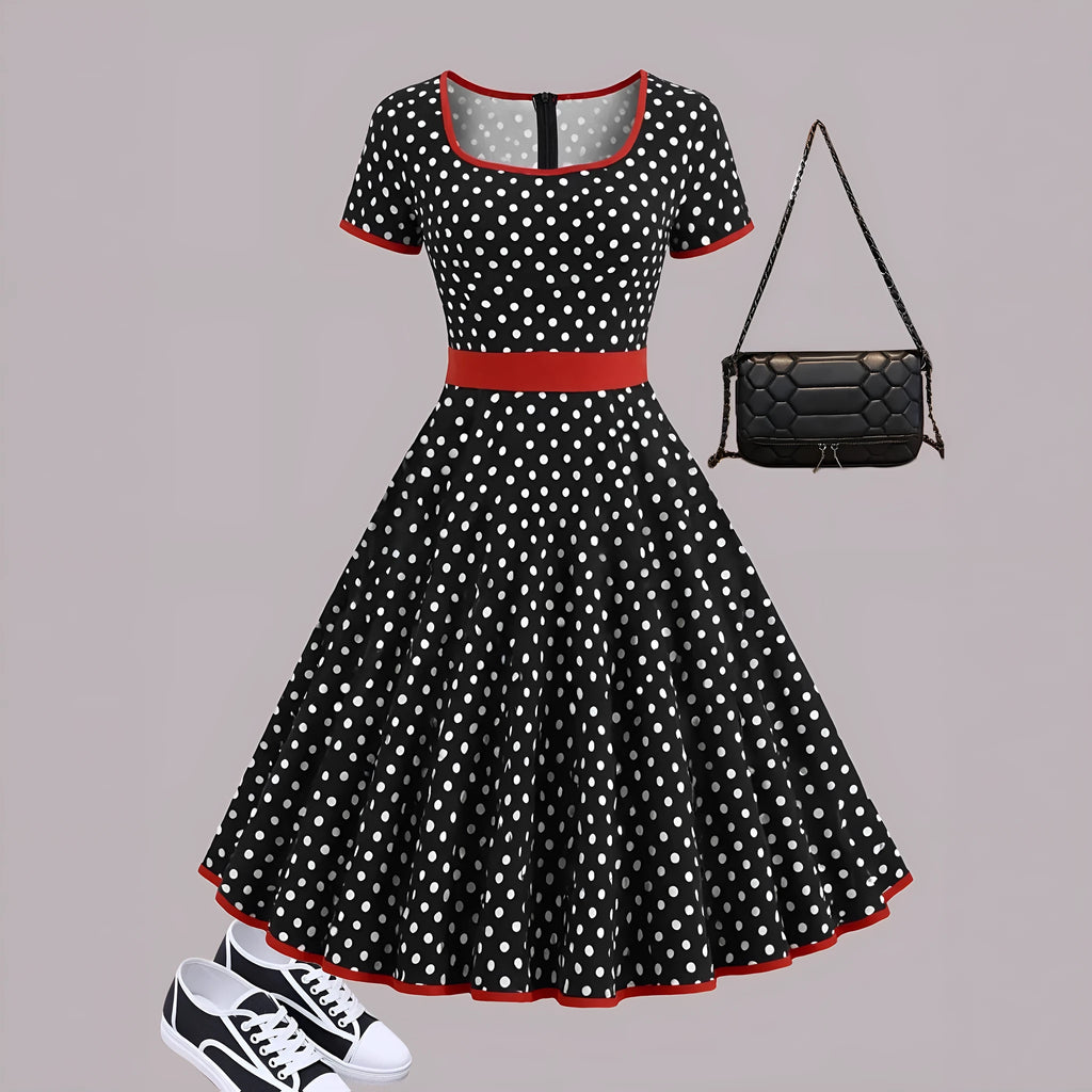 Multicolour polka dot pleated dress with square collar, short sleeves, and a zipper.
