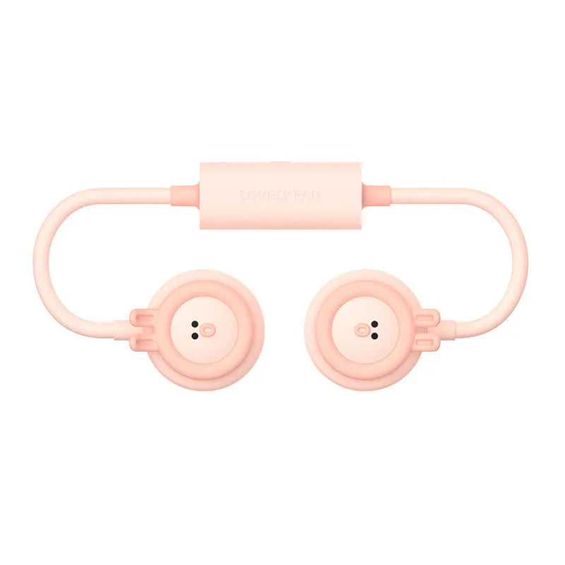 Pink folding neck fan showing leafless airflow design with USB charging port