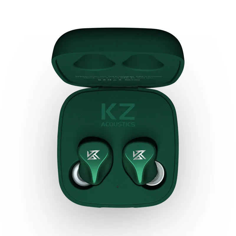 Black and Green Z1 true wireless Bluetooth in-ear earbuds with charging case.